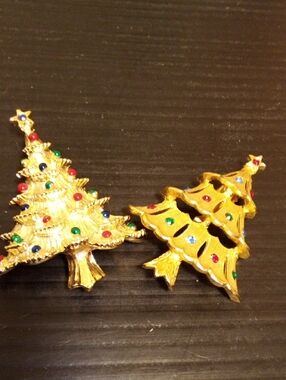 Gold And Silver Christmas Tree Brooches with Multicolor Rhinestones